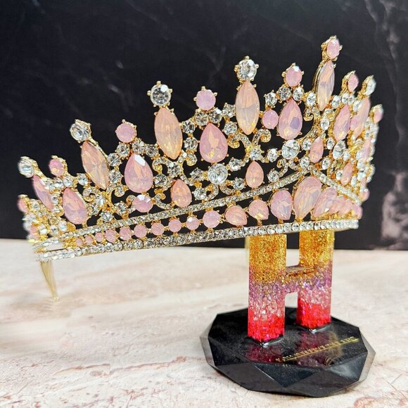 Pink Gemstone Tiara, Bridal Wedding Gold Crown, Birthday Princess Pink Crown